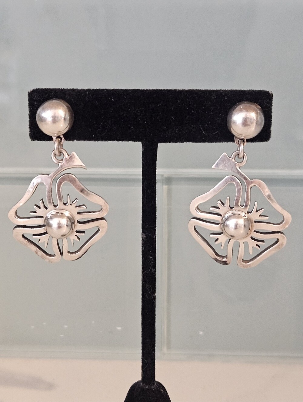 Vintage Taxco Sterling Silver 4 Leaf Lucky Clover 1.95" Drop Earrings